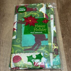 Happy Holiday Christmas Vinyl Tablecloth - Festive Green and Red